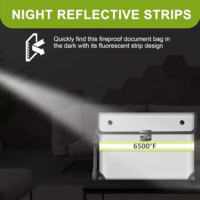 2025 Upgraded Fireproof Document Bag with Lock, 6500°F Fireproof/Waterproof Money Bag with Zipper/Reflective Strip,Storage Pouch for A4 Letter Size Document,Cash,Cell Phone,Passport