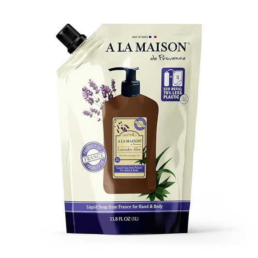 A LA MAISON French Liquid Hand Soap RefilL - Natural Hand Wash Made with Essential Oils - Biodegradable, Plant-Based, Vegan, Cruelty-Free (33.8 Fl Oz Pouch (1 Pack), Lavender Aloe)