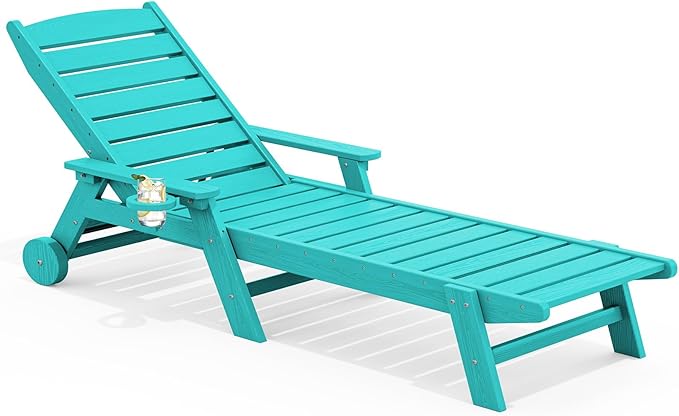 SERWALL Patio Chaise Lounge, HDPE All-Weather Outdoor Lounge Chair for Deck, Poolside, Aqua Blue, 1 pack