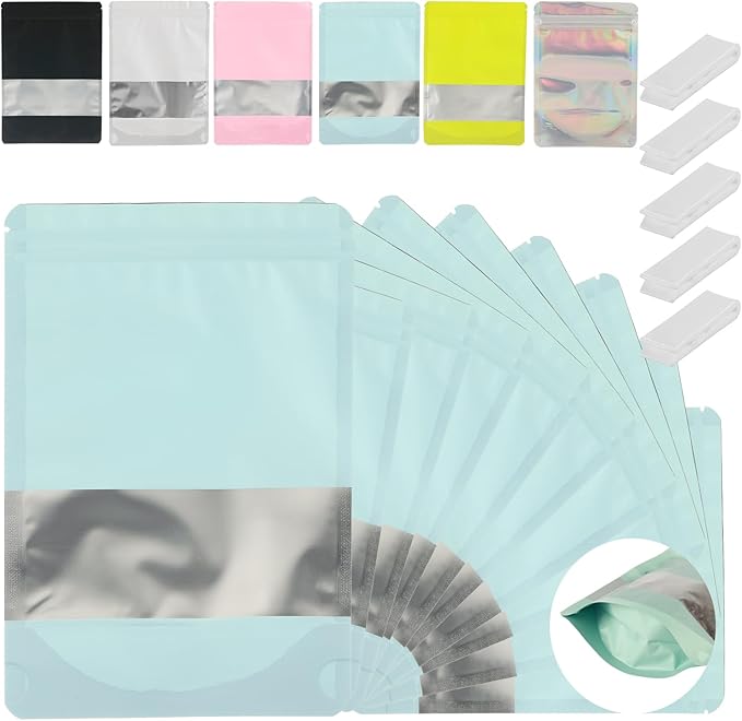 200 Pcs Mylar Bags for Food Storage 7x10 Mylar Bag with Window, Foil Stand Up Resealable Bags for Food, Smell Proof Bag Freeze Dried Candy Packaging Sealable Pouch Jewelry Bracelet Pouch Blue