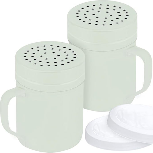 CUSINIUM 10oz Sage Stainless Steel Salt Pepper Dredge Shakers - With Plastic Cap - With Handle - Pack of 2