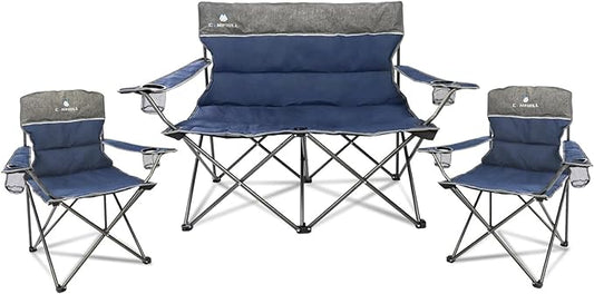 Camping Chair Set of 3, Outdoor Folding Camping Chairs for Heavy People with Cup Holder & Carry Bag,Collapsible Chair Include One Sofa Chair and Two Single Chair,Support up to 500lbs