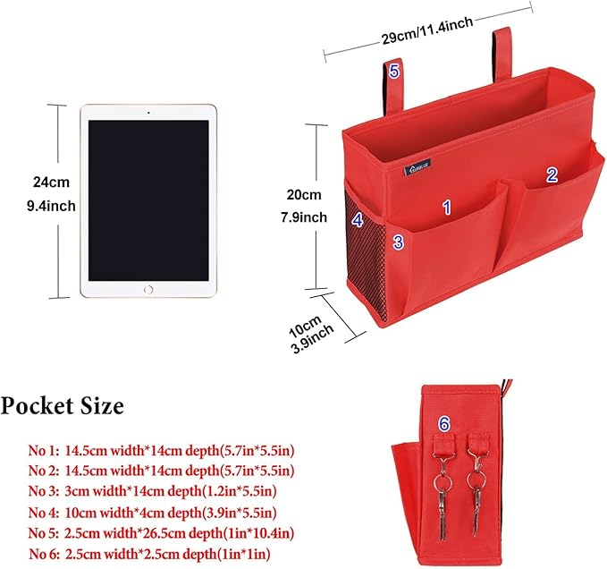 Surblue Caddy Hanging Organizer Bedside Storage Bag for Bunk and Hospital Beds, Red, Small