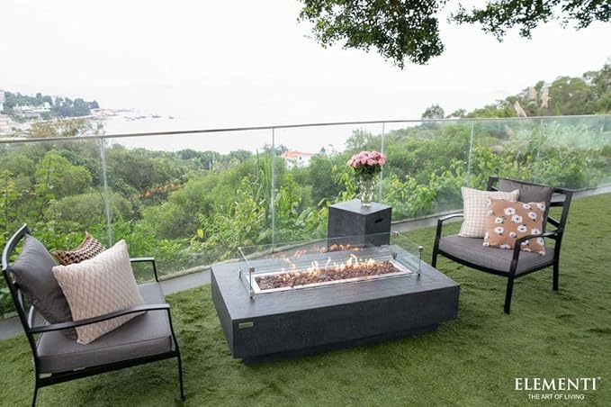 Elementi | Bundle Hampton Gas Fire Pit Cast Concrete 56" Rectangular Fire Table, Outdoor Fire Pit Electronic Ignition | Canvas Cover, Lava Rock Included | Dark Gray (Propane Gas)