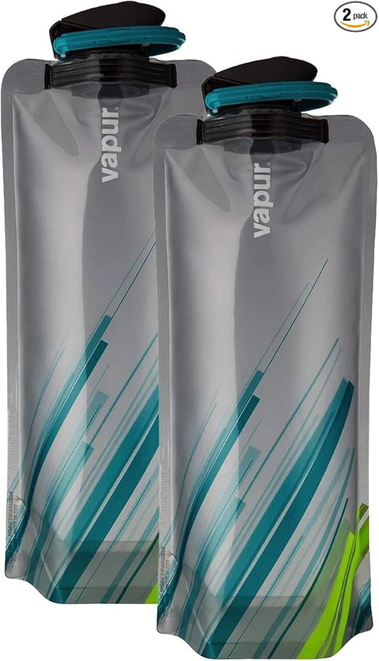 Vapur Collapsible Water Bottle With Carabiner, Compact Bottle Folds Flat For Hydration On The Go, Ideal for Traveling, Hiking or Camping, 34 Ounce, Grey & Teal, Pack of 2