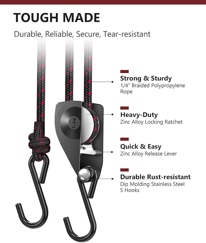 VIPARSPECTRA Ratchet Tie Down Straps, 1/4" Adjustable Rope Hangers [2 Pack, 12FT, 150 lbs/Pack], Heavy Duty Kayak Pulley System with Hooks for Garage Cargo Trucks Tents Grow Lights Various Lashing