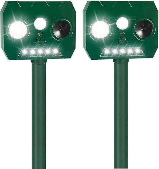 2025 Solar Ultrasonic Raccoon Squirrel Deer Repellent Rabbit Deterrent Animal Repeller Sonic Fortress Pro with Flash Light Motion Sensor to Keep Cat Dog Fox Skunk Out of Garden Yard(2Pack)