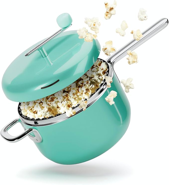 Popsmith Popcorn Popper in Mint - 6 Quart Stovetop Popcorn Machine - Stainless Steel Popcorn Maker Compatible with All Stovetops