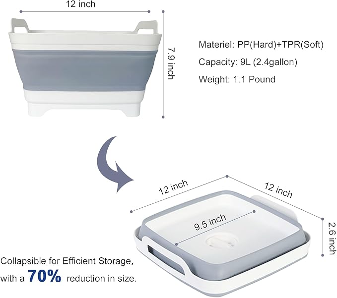 2 Pack Foldable Dish Tub-2 * 9L Dishpan for Washing Dish Tub-Foldable Wash Basin Bucket Portable Sink-Multiuse Collapsible Sink Tub Wash Dish Basin(Grey+Green)