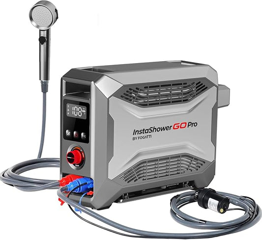 FOGATTI InstaShower GO Pro, Portable Propane Water Heater 22,000 BTU, with 5000mAh Rechargeable Built-in Battery, DC 12V, Outdoor Camping Shower