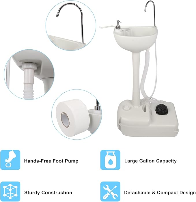 Outvita Portable Camping Sink w/ 19L Water Tank Rolling Wheels Towel Holder Soap Dispenser Faucet, Outdoor Foot Pump Washing Station for RV Boat Travel Picnic Worksit