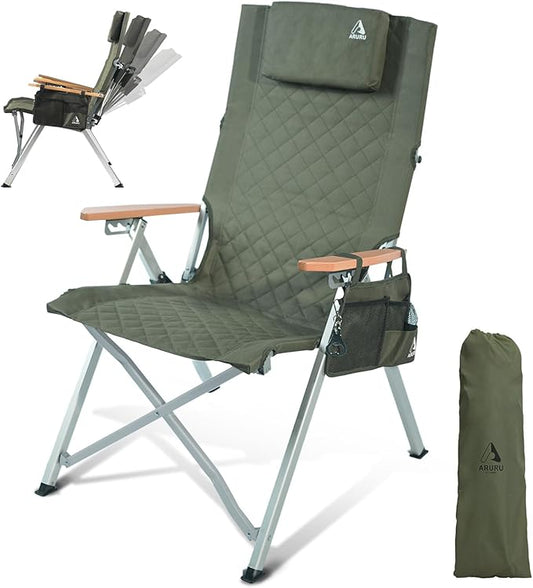 Reclining Camping Chair, Heavy Duty Folding Chairs with 4-Stage Adjustable High Back for Adults, Compact Foldable Outdoor Patio Reclining Chair with Storage Bag （Green）