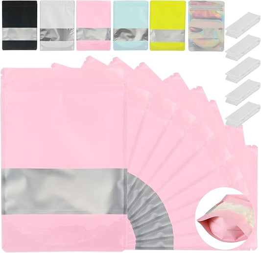 200 Pcs Mylar Bags for Food Storage 5x8 Mylar Bag with Window, Foil Stand Up Resealable Bags for Food, Smell Proof Bag Freeze Dried Candy Packaging Sealable Pouch Jewelry Bracelet Pouch Pink