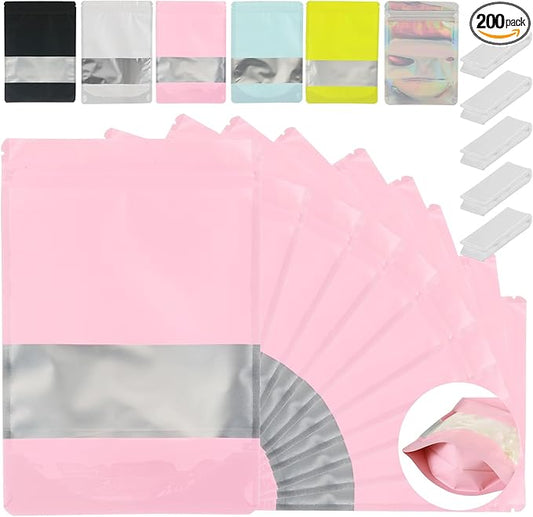 200 Pcs Mylar Bags for Food Storage 4x6 Mylar Bag with Window, Foil Stand Up Resealable Bags for Food, Smell Proof Bag Freeze Dried Candy Packaging Sealable Pouch Jewelry Bracelet Pouch, Pink