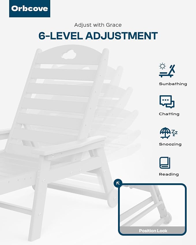 Outdoor Lounge Chair with Cup Holder, Outdoor Chaise Lounge with 6-Position Adjustable Backrest, HDPE Lounge Chair for Poolside, Patio, Deck & Backyard, Chaise Lounge (White, 2)