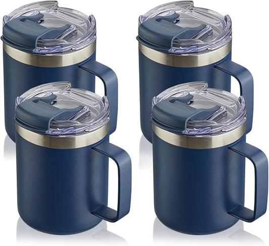 ALOUFEA 12oz Stainless Steel Insulated Coffee Mug with Handle, Double Wall Vacuum Tumbler Cup with Fliping Lid, Navy, 4 Pack