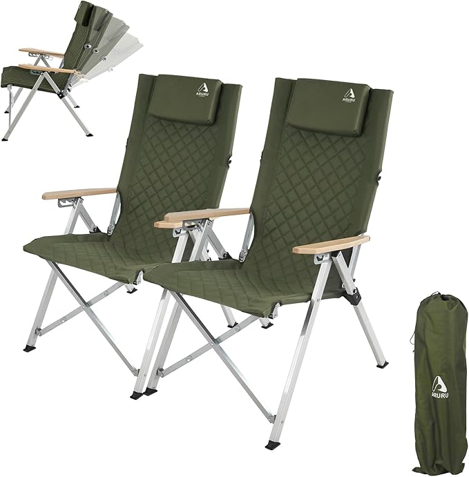 Reclining Camping Chair 2 Pack, Folding Lawn Chairs with 4-Stage Adjustable High Back for Adults Heavy Duty, Compact Foldable Outdoor Patio Recliner Chair with Side Bag(Green)