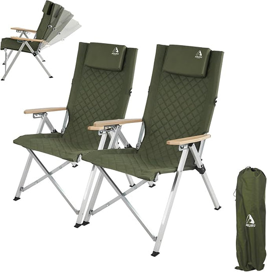 Reclining Camping Chair 2 Pack, Folding Lawn Chairs with 4-Stage Adjustable High Back for Adults Heavy Duty, Compact Foldable Outdoor Patio Recliner Chair with Side Bag(Green)