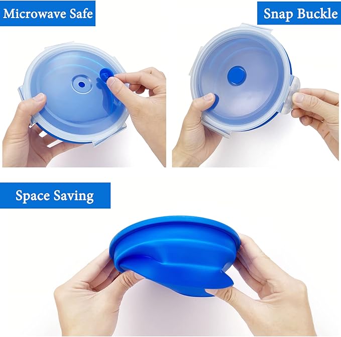 1200ml Large Collapsible Lunch Bowl With Lid, Camping Bowls with Foldable Spoon, Silicone Bento Box, For Meal Prep & Food Storage, Space Saving In Cabinet, Microwave Dishwasher Safe, Blue
