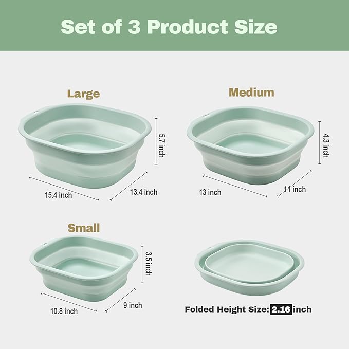 Collapsible Wash Basin Set of 3, Foldable Large Medium Small Wash Basins, Portable Plastic Basins for Laundry, Bottles, Travel, Camping (Green)