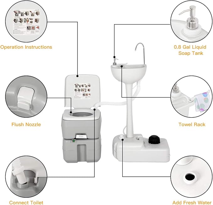 Giantex Outdoor Wash Sink and Potable Toilet Set 4.5 Gallon Sink & 5.3 Gallon Toilet, Flush Wastewater Recycled W/Tower Holder, Level Indicator, 3 Way Flush for Camping Portable Sink and RV Toilet