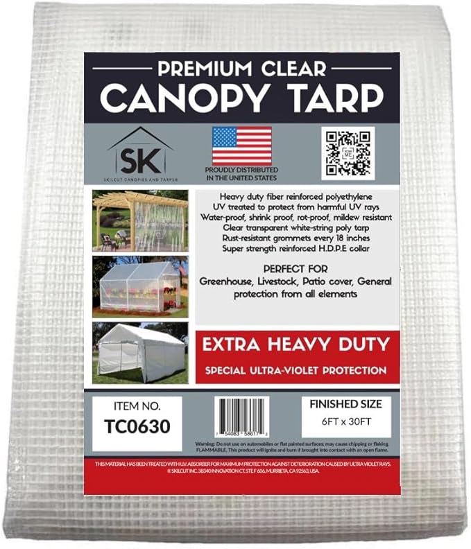 16 Mil Clear Poly Heavy Duty Tarp with Fiber Reinforcement - True Size Tarps with UV Protection, Tear Resistance, Flexibility, Reinforced Corners 6x30