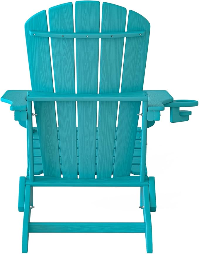 Folding Adirondack Chair, SGS Tested, Wooden Textured with Cup Holder, Heavy All-Weather HDPE Comfortable Set Poolside Backyard Lawn Aruba Blue Set 4