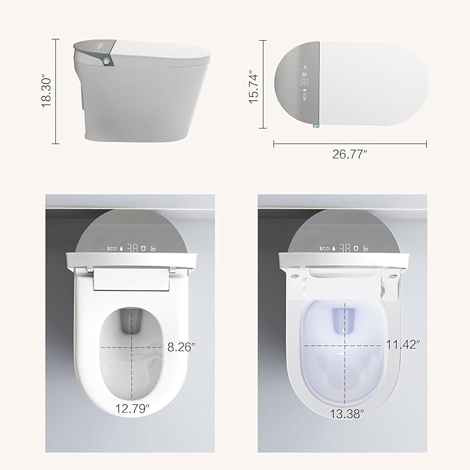 Smart Toilet, One Piece Bidet Toilet for Bathrooms, Toilets with Warm Water Sprayer & Dryer, Foot Sensor Operation, Heated Bidet Seat, Tankless Toilets with Fahrenheit LED Display