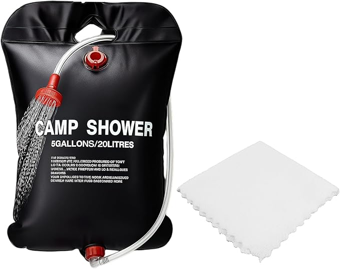 5 GallonsSolar Shower Bag with a Cotton Towel, 20L Portable Solar Heating Camping Shower Bag for Outdoor Traveling Hiking Summer Shower, Cold ＆ Hot Water Hiking Climbing (Black)