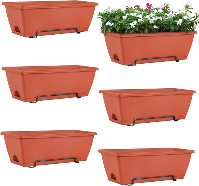 HAITRAL 16.9 Inch Deck Railing Planter Boxes for Plants, Rectangular Hanging Window Boxes Planters with Metal Flower Pots Brackets - 6 Pack Railing Planter Box for Balcony Fences Garden, Red