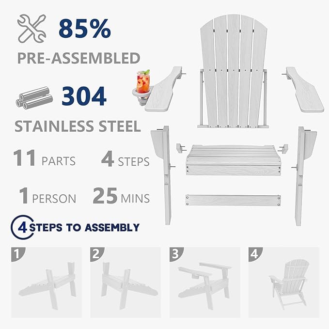 Folding Adirondack Chair, SGS Tested, Wooden Textured with Cup Holder, Heavy All-Weather HDPE Comfortable Set Poolside Backyard Lawn White