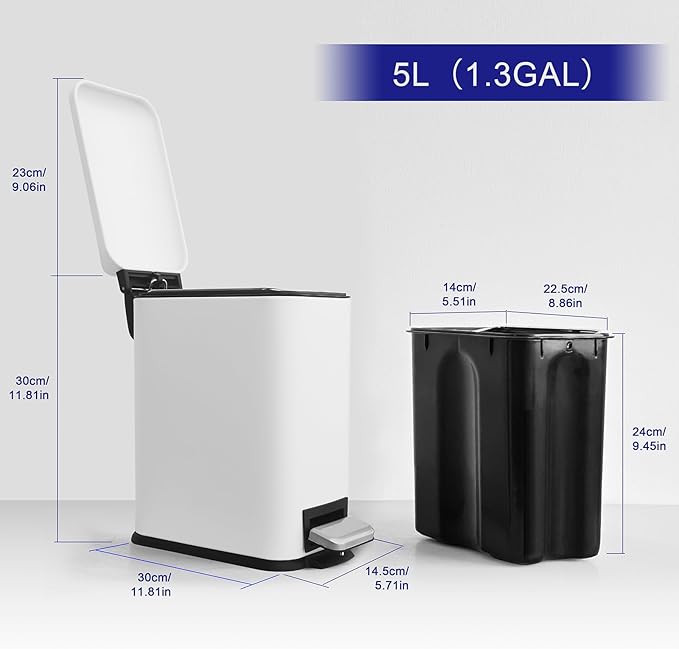 Bathroom Trash Can with Lid，5 Liter / 1.3 Gallon Small Trash Can with Removable Liner Bucket, Soft Close lid & Step Pedal, Stainless Steel Trash Bin for Bathroom,Bedroom,Home Office, White