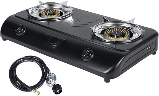 BESTFIRE 35,000 BTU Double Burner Propane Gas Stove, Portable Outdoor Camping Cooker with Auto Ignition, Rust-Resistant Alloy Steel, CSA Regulator & Hose, for BBQ, RV, Tailgating, 28.74"×14.76"×5.51"