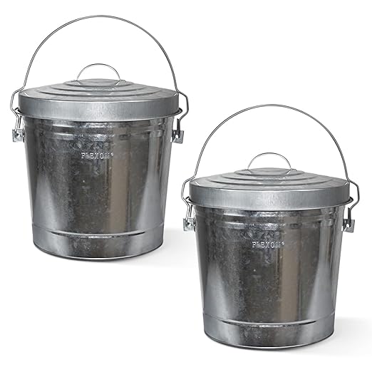 Plexon Metal Trash Can with Locking Lid Outdoor Storage Bucket for Bird Seed Ash 6-Gallon Galvanized Steel 2 Pack