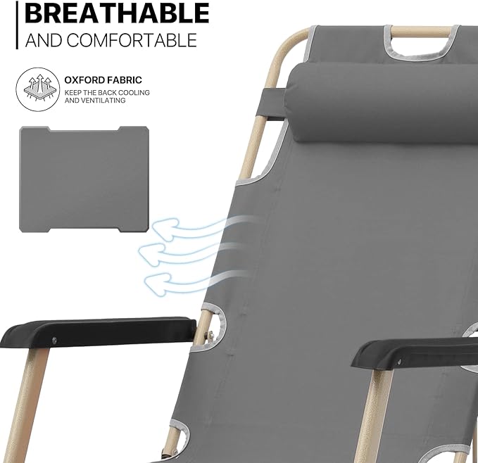 MoNiBloom Patio Lounge Chair Set of 2 Folding Lawn Lounger Outdoor Camp Reclining Chair with Adjustable Headrest for Garden Yard Pool Side, 330lbs Capacity