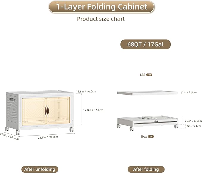 68 QT / 17 Gal White Storage Bins with 1 Lid - Collapsible Stackable Cabinet Organizer w/Wheels & Magnetic Doors, Plastic Storage Box for Office Closet Organization