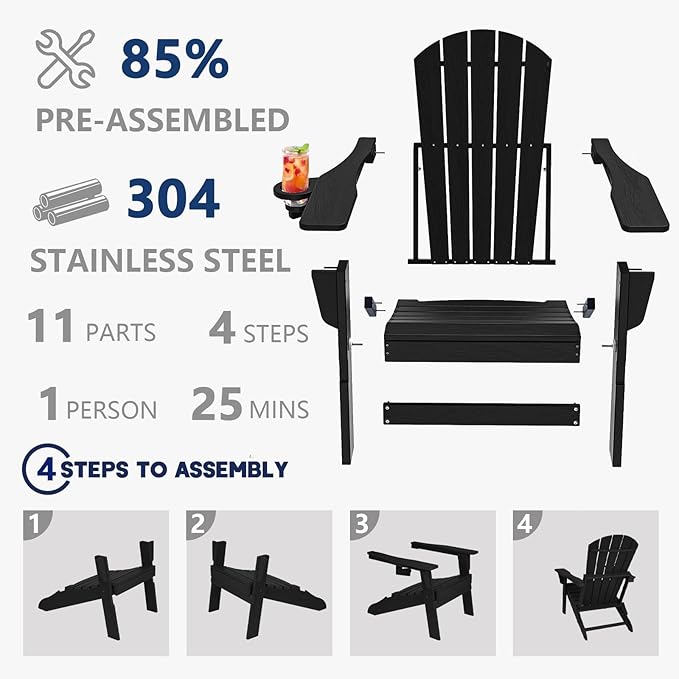 Folding Adirondack Chair, SGS Tested, Wooden Textured with Cup Holder, Heavy All-Weather HDPE Comfortable Set Poolside Backyard Lawn Black