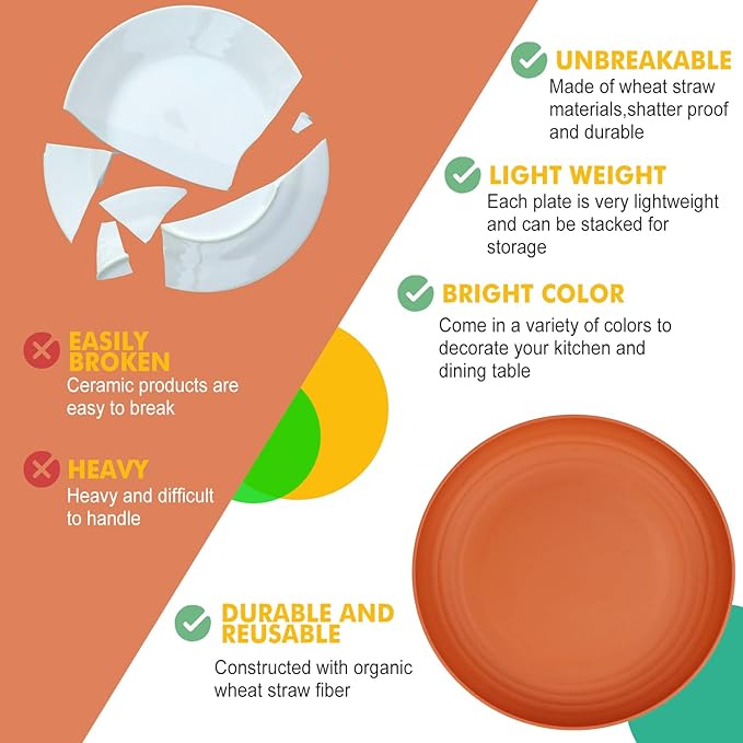 Homienly Deep Dinner Plates Set of 8 Alternative for Plastic Plates Microwave and Dishwasher Safe Wheat Straw Plates for Kitchen Unbreakable Kids Plate Set with 4 Colors (Classic Bright, 9 inch)