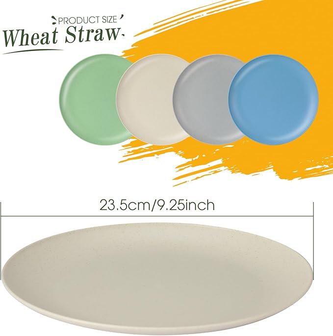 Dinner Plates Set of 8, Microwave and Dishwasher Safe Wheat Straw Dinnerware Plates for Kitchen, Unbreakable Kids Plates with 4 Colors, Suitable for picnics and party. (9 inch)