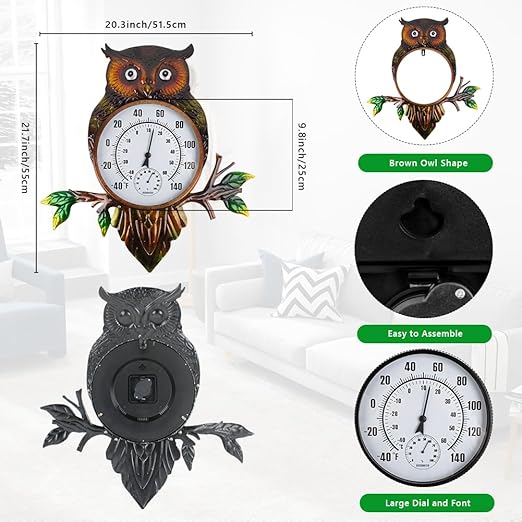 Owl Outdoor Thermometer, 22" Metal Indoor Wall Thermometer, Large Outside Thermometer with Large Number for Patio Home Room Decor
