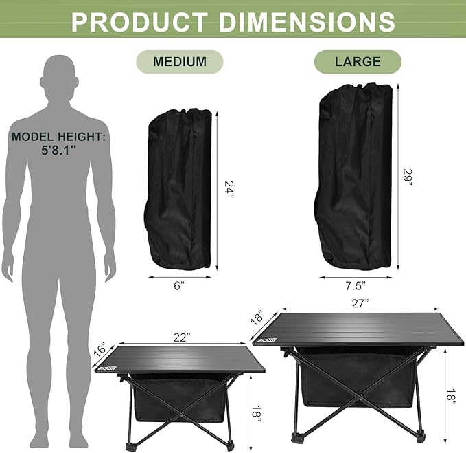 Folding Camping Table, Compact Ultralight Aluminum Design Portable Camping Table with with Storage Basket and Carring Bag for Camping Hiking BBQ Picnic Outdoor Cooking 22" Black