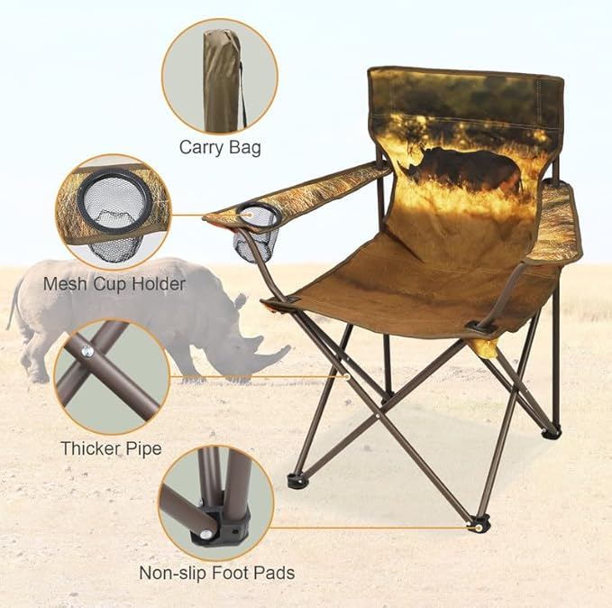 2 Pcs Animal Pattern Camping Chair,Folding Backpacking Lightweight Beach Chair w/Cup Holder,Side Pocket,Carry Bag,Portable Adults Lawn Chair for Family Outdoor,Hiking,Parties,Rhinoceros