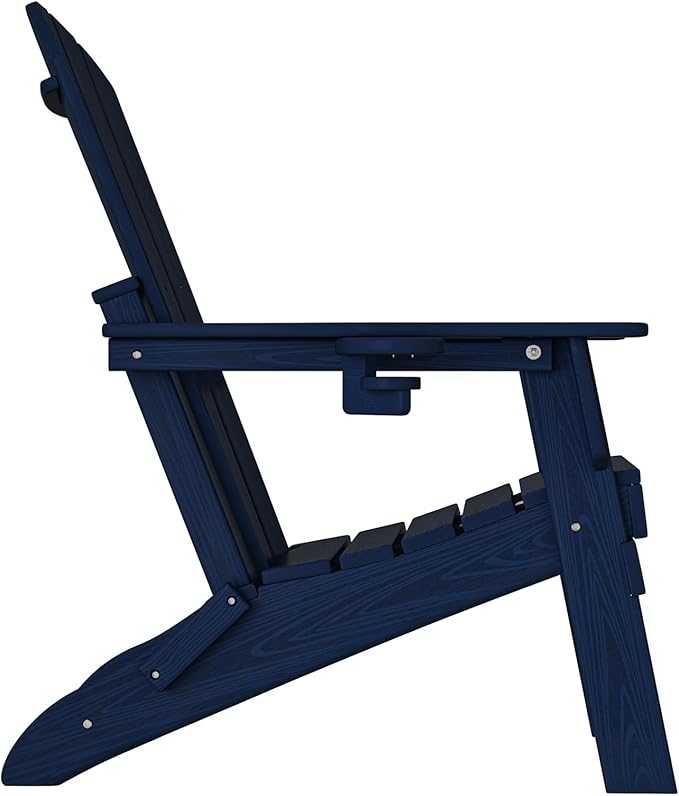 Folding Adirondack Chair, SGS Tested, Wooden Textured with Cup Holder, Heavy All-Weather HDPE Comfortable Set Poolside Backyard Lawn Navy Blue Set 4