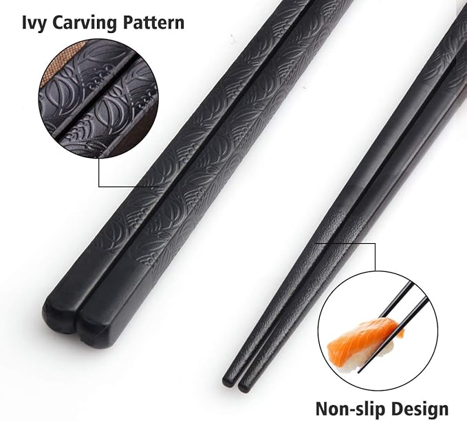 GLAMFIELDS 10-Pairs Fiberglass Chopsticks - sushi Reusable Chop sticks for food, Dishwasher Safe, 9.5 Inches - Black Flower