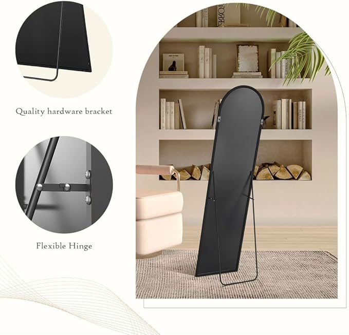Arched Full Length Mirror, 59"x 16" Floor Mirror With Aluminum Alloy Thin Frame, Hanging or Leaning for Wall Bedroom Dressing, Home Decor, Black