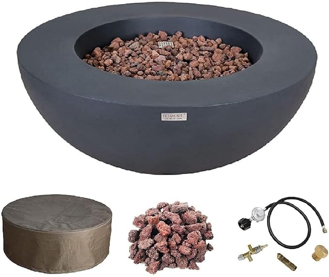 Elementi | Lunar Gas Fire Pit Cast Concrete 42" Round Fire Table, Outdoor Fire Pit Electronic Ignition | Canvas Cover, Lava Rock Included | Dark Gray (Natural Gas)