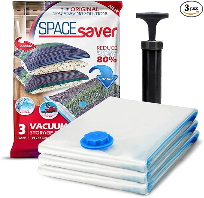 3 Pack Large Vacuum Storage Bags for Comforters, Blankets & Clothes – Vacuum Sealed Compression Bags with Hand Pump – Space Saver Storage Bags for Bedding, Moving, Travel & Organization