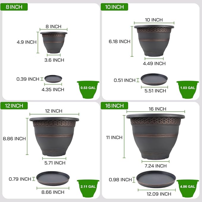 10 Inch 4 Pack Large Plant Pots, Plastic Flower Pot for Indoor & Outdoor with Drainage Holes & Saucer, Plaid Pattern Planters Garden Pots for Herbs