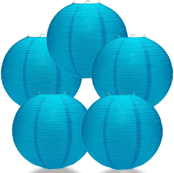 Quasimoon PaperLanternStore.com (5-Pack) 12 Inch Turquoise Blue Fine Line Premium Even Ribbing Paper Lantern, Extra Sturdy