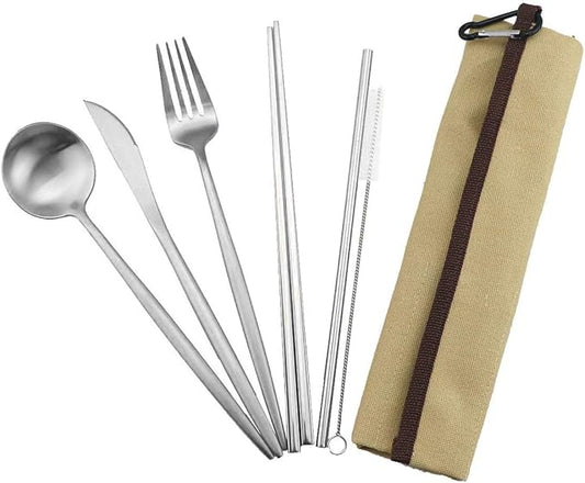 Gugrida Reusable Travel Utensils, 7 Pieces Portable 18/10 Stainless Steel include Knife Fork Spoon Chopsticks Cleaning Brush Straws Portable Pouch, Eco-friendly Camping Silverware Set, Dishwasher Safe